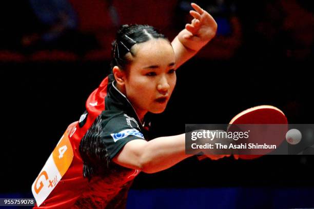 Mima Ito of Japan competes against Margaryta Pesotska of Ukraine during the Women's Quarter Final between Japan and Ukraine on day five of the World...