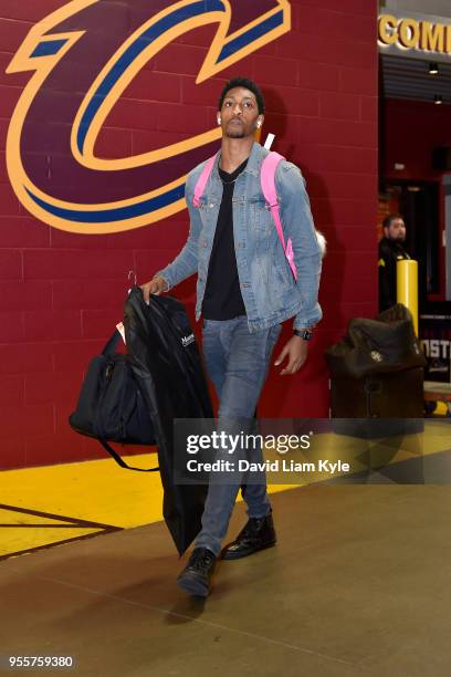 Malcolm Miller of the Toronto Raptors arrives before Game Four of the Eastern Conference Semifinals against the Cleveland Cavaliers during the 2018...
