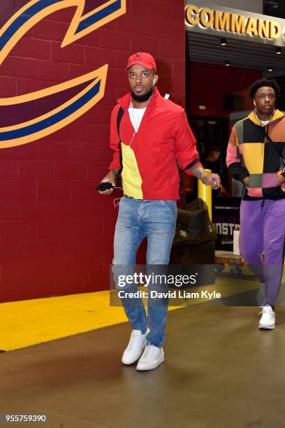 Lorenzo Brown of the Toronto Raptors arrives before Game Four of the Eastern Conference Semifinals against the Cleveland Cavaliers during the 2018...