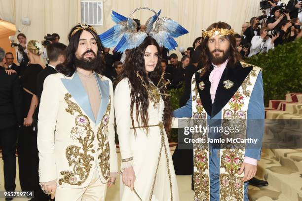 Alessandro Michele, Lana Del Rey and Jared Leto attend the Heavenly Bodies: Fashion & The Catholic Imagination Costume Institute Gala at The...