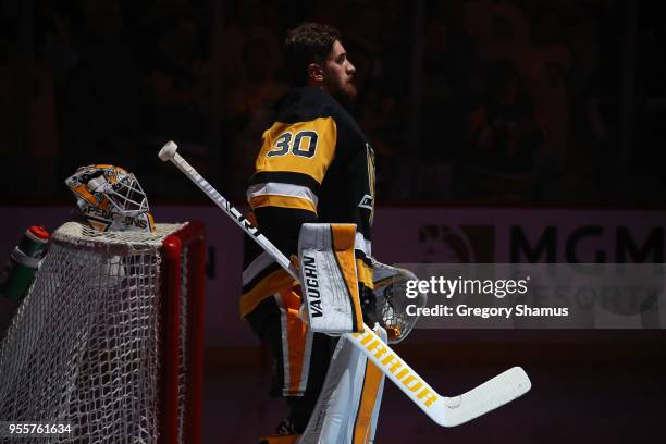 Matt Murray of the Pittsburgh Penguins looks on prior to playing the Washington Capitals in Game Six of the Eastern Conference Second Round during...