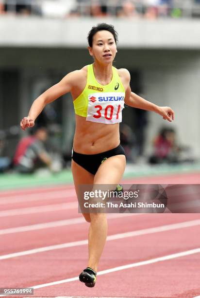 Chisato Fukushima crosses the finish line to win the Women's 200m final during the 34th Shizuoka International Meet at Shizuoka Stadium Ecopa on May...