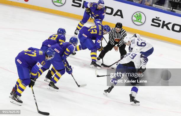 Alexandre Texier of France during the 2018 IIHF Ice Hockey World in action with Mika Zibanejad of Sweden Championship Group A between Sweden and...