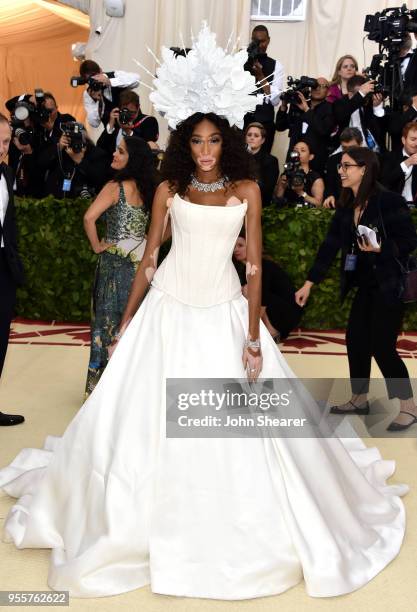 Winnie Harlow attends the Heavenly Bodies: Fashion & The Catholic Imagination Costume Institute Gala at The Metropolitan Museum of Art on May 7, 2018...