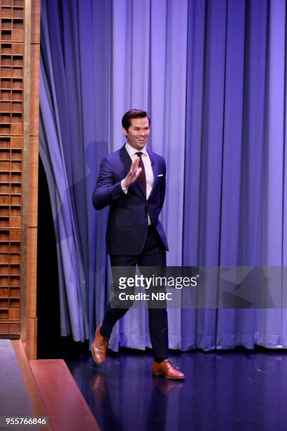 Episode 0866 -- Pictured: Actor Andrew Rannells arrives for an interview on May 7, 2018 --