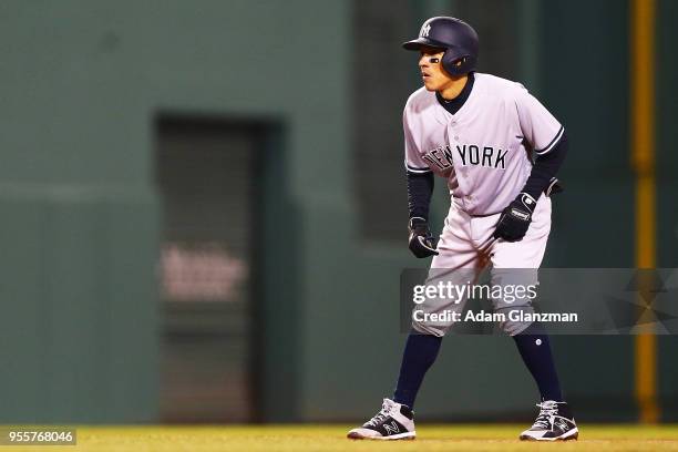 Ronald Torreyes of the New York Yankees looks inform second base during a game against the Boston Red Sox at Fenway Park on April 12, 2018 in Boston,...