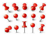 Red pushpin top view. Thumbtack for note attach collection. Realistic 3d push pins pinned in different angles vector set