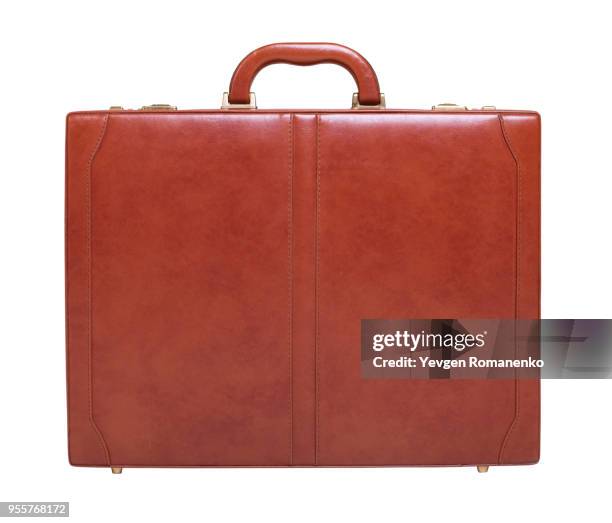 brown leather briefcase isolated on white background - vintage luggage stock-fotos und bilder