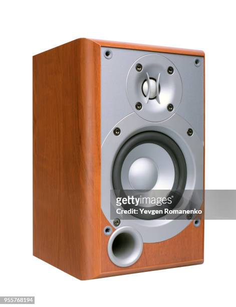 brown wooden sound speaker isolated on white background - altoparlante foto e immagini stock
