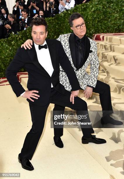 Jimmy Fallon and Stephen Colbert attend the Heavenly Bodies: Fashion & The Catholic Imagination Costume Institute Gala at The Metropolitan Museum of...