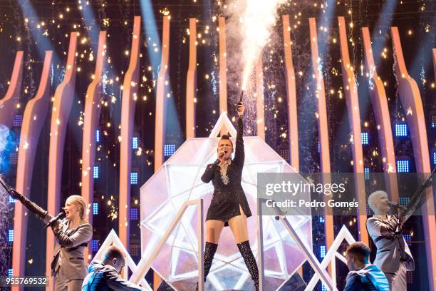 Saara Aalto from Finland performs during dress rehearsals for the first semi final of Eurovision Song Contest on May 7, 2018 in Lisbon, Portugal.