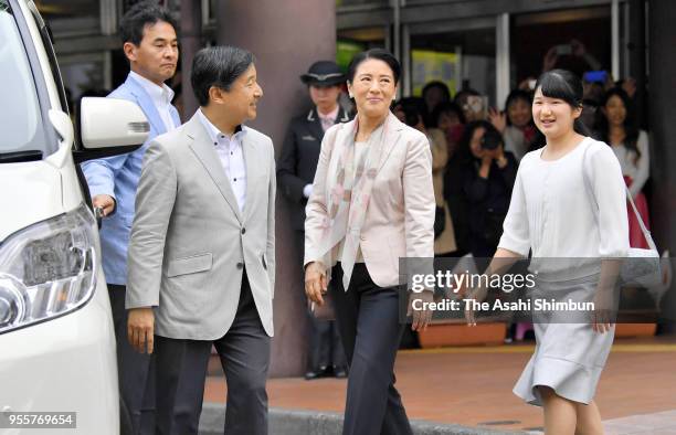 Crown Prince Naruhito, Crown Princess Masako and Princess Aiko are seen on arrival at JR Utsunomiya Station on the way to the Imperial Stock Farm on...