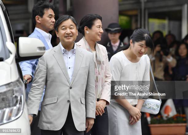 Crown Prince Naruhito, Crown Princess Masako and Princess Aiko are seen on arrival at JR Utsunomiya Station on the way to the Imperial Stock Farm on...