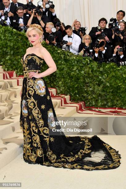 Emilia Clarke attends the Heavenly Bodies: Fashion & The Catholic Imagination Costume Institute Gala at The Metropolitan Museum of Art on May 7, 2018...