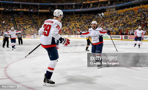 Alex Chiasson of the Washington Capitals celebrates his second period goal against the Pittsburgh Penguins in Game Six of the Eastern Conference...