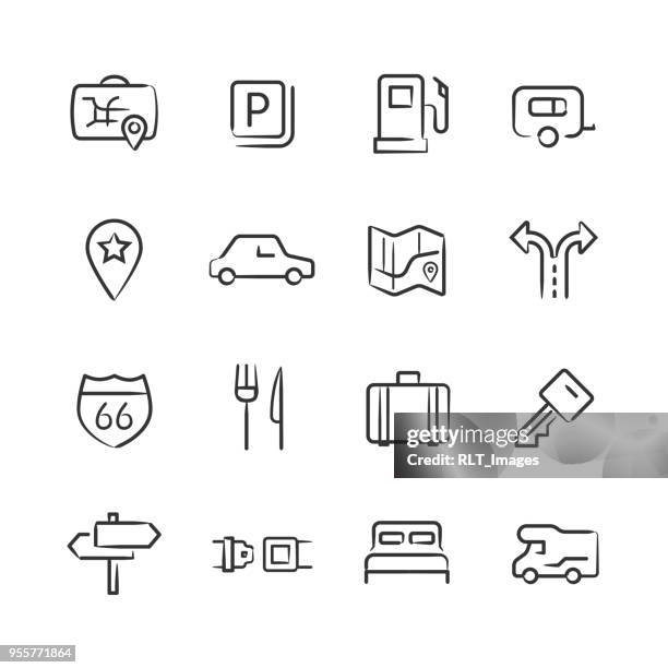 stockillustraties, clipart, cartoons en iconen met road trip pictogrammen — schetsmatig serie - motel