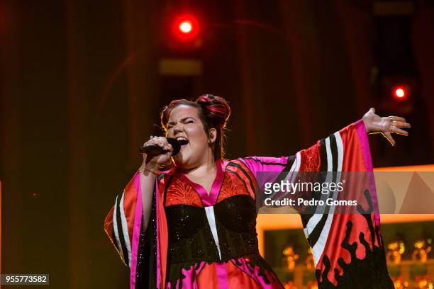 Netta from Israel performs during dress rehearsals for the first semi final of Eurovision Song Contest on May 7, 2018 in Lisbon, Portugal.