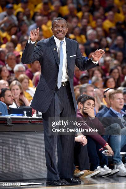 Head Coach Dwane Casey of the Toronto Raptors in Game Four of the Eastern Conference Semifinals against the Cleveland Cavaliers during the 2018 NBA...