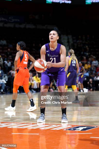 Mistie Bass of the Los Angeles Sparks shoots a free throw against the Connecticut Sun during a pre-season game on May 7, 2018 at Mohegan Sun Arena in...