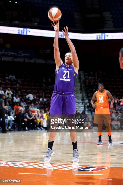 Mistie Bass of the Los Angeles Sparks shoots a free throw against the Connecticut Sun during a pre-season game on May 7, 2018 at Mohegan Sun Arena in...