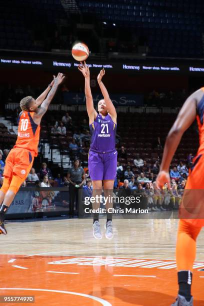 Mistie Bass of the Los Angeles Sparks shoots the ball against the Connecticut Sun during a pre-season game on May 7, 2018 at Mohegan Sun Arena in...