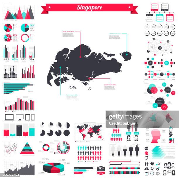 ilustraciones, imágenes clip art, dibujos animados e iconos de stock de mapa de singapur con elementos de infografía - gran conjunto gráfico creativo - península