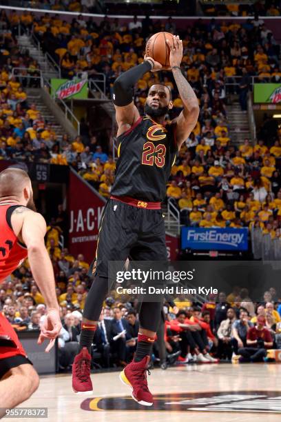 LeBron James of the Cleveland Cavaliers shoots the ball against the Toronto Raptors in Game Four of the Eastern Conference Semifinals during the 2018...