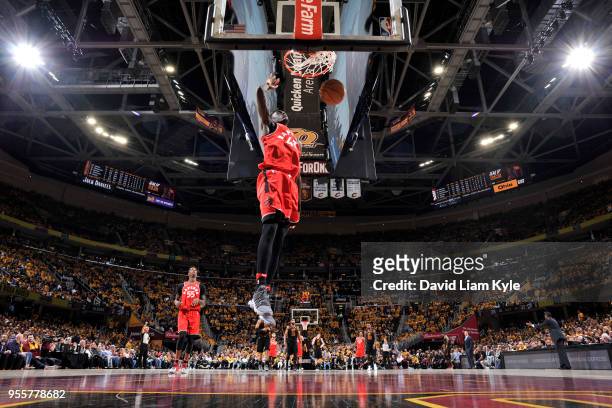 Pascal Siakam of the Toronto Raptors dunks the ball against the Cleveland Cavaliers in Game Four of the Eastern Conference Semifinals during the 2018...