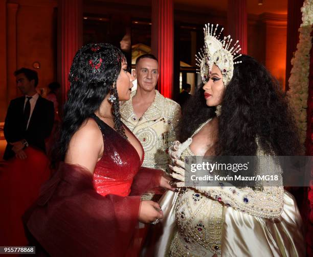 Nicki Minaj, Designer Jeremy Scott, and Cardi B attend the Heavenly Bodies: Fashion & The Catholic Imagination Costume Institute Gala at The...