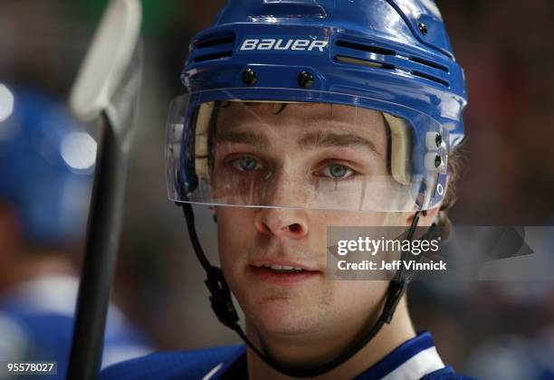 Mason Raymond of the Vancouver Canucks looks on from the bench during their game against the St. Louis Blues at General Motors Place on December 20,...