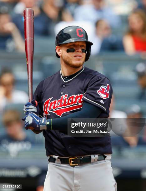 Roberto Perez of the Cleveland Indians in action against the New York Yankees at Yankee Stadium on May 5, 2018 in the Bronx borough of New York City....