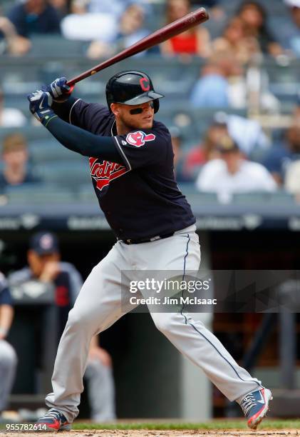 Roberto Perez of the Cleveland Indians in action against the New York Yankees at Yankee Stadium on May 5, 2018 in the Bronx borough of New York City....