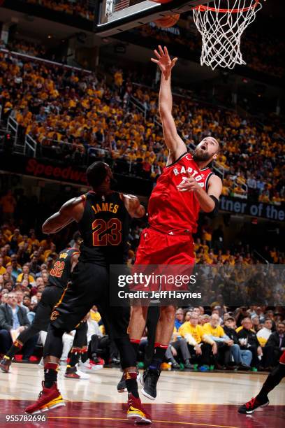Jonas Valanciunas of the Toronto Raptors shoots the ball against the Cleveland Cavaliers during Game Four of the Eastern Conference Semifinals of the...