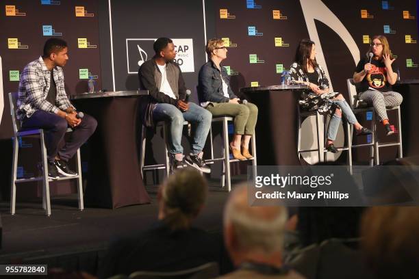 Variety music editor and panel moderator, Shirley Halperin, right leads the 'Heres the Deal: The Publisher-Songwriter Relationship' panel with Ryan...