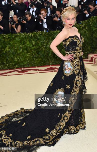 Emilia Clarke attends the Heavenly Bodies: Fashion & The Catholic Imagination Costume Institute Gala at The Metropolitan Museum of Art on May 7, 2018...