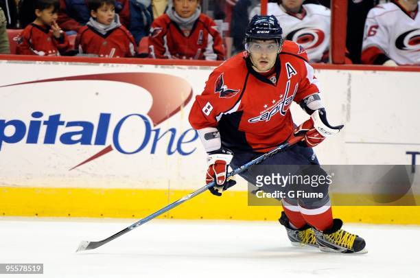 Alex Ovechkin of the Washington Capitals skates down the ice against the Carolina Hurricanes at the Verizon Center on December 28, 2009 in...