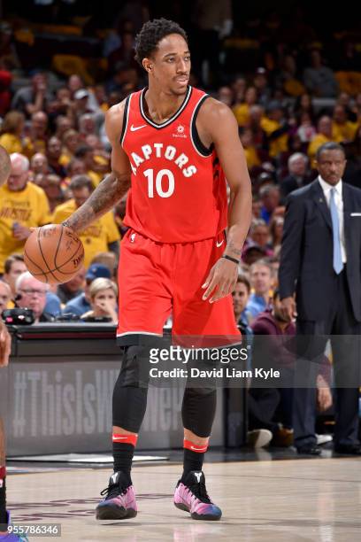 DeMar DeRozan of the Toronto Raptors handles the ball against the Cleveland Cavaliers in Game Four of the Eastern Conference Semifinals during the...
