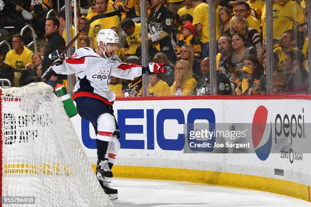Evgeny Kuznetsov of the Washington Capitals celebrates his overtime goal against the Pittsburgh Penguins in Game Six of the Eastern Conference Second...