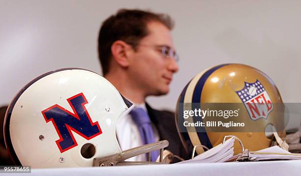 Two of Lem Barney's helmets are displayed at a U.S. House Judiciary field hearing January 4, 2010 in Detroit, Michigan. The hearing was designed to...