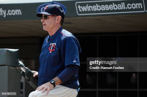 Manager Paul Molitor of the Minnesota Twins looks on during the game against the Toronto Blue Jays on May 2, 2018 at Target Field in Minneapolis,...