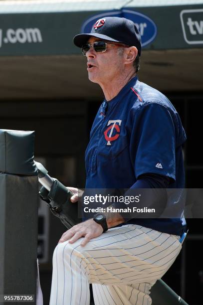 Manager Paul Molitor of the Minnesota Twins looks on during the game against the Toronto Blue Jays on May 2, 2018 at Target Field in Minneapolis,...