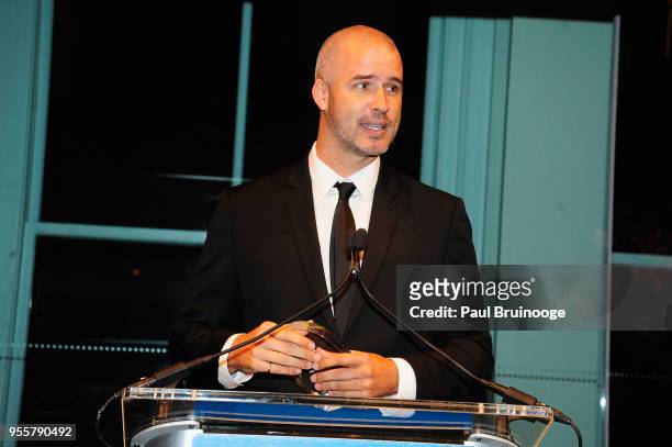 Founder of To Write Love on Her Arms Jamie Tworkowski accepts the Community Builder Award during the 2018 Change Maker Awards at Carnegie Hall on May...
