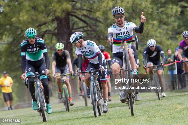 Peter Sagan of Slovenia riding for the Bora Hansgrohe team wheelies as he crosses the finish line of the Sagan Fondo on May 5, 2018 in Truckee,...