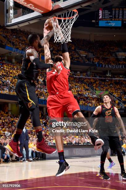 LeBron James of the Cleveland Cavaliers blocks the shot by Jonas Valanciunas of the Toronto Raptors in Game Four of the Eastern Conference Semifinals...