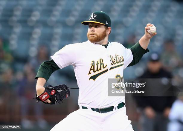 Brett Anderson of the Oakland Athletics pitches against the Houston Astros in the first inning at Oakland Alameda Coliseum on May 7, 2018 in Oakland,...