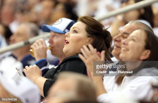 Actor Chrissy Metz from the television show This Is Us watches the action as the Winnipeg Jets take on the Nashville Predators in Game Six of the...