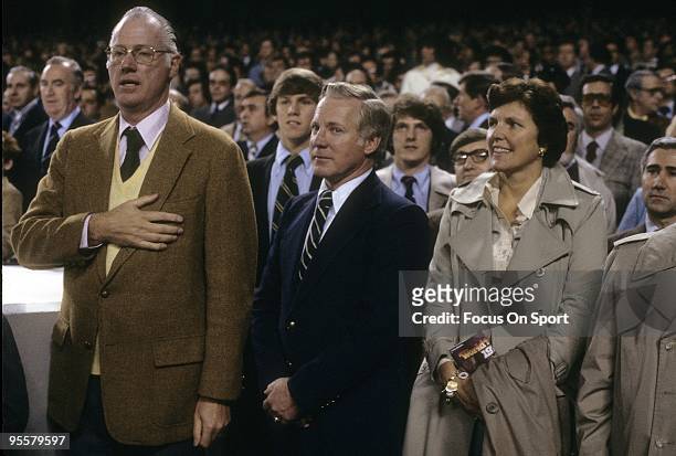 S: Baseball commissioner Bowie Kuhn and ex Yankee great, pitcher Whitey Ford stands during the singing of the National Anthem before a Major League...