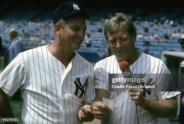S: Roger Maris and Mickey Mantle retired New York Yankees talks for the NBC tv cameras before a Major League Baseball game circa 1980's at Yankee...