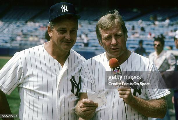 S: Roger Maris and Mickey Mantle retired New York Yankees talks for the NBC tv cameras before a Major League Baseball game circa 1980's at Yankee...