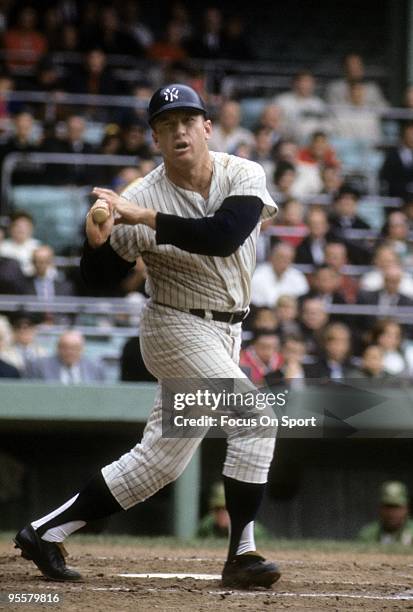 S: Outfielder Mickey Mantle of the New York Yankees swings at a pitch during a circa 1960's Major League Baseball game at Yankee Stadium in Bronx,...